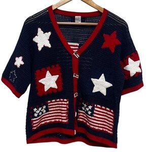 VINTAGE Crochet American Flag Short Sleeve Cardigan Size Medium Cotton / Ramie